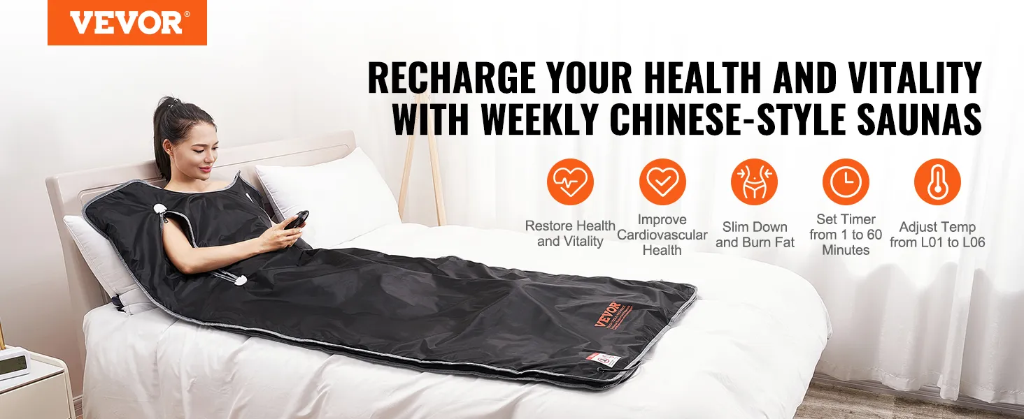 VEVOR sauna blanket promoting health benefits and settings features on a bed, highlighting weekly use benefits.