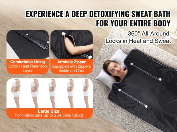VEVOR sauna blanket provides a deep detoxifying sweat bath, comfortable lining, and armhole zippers.