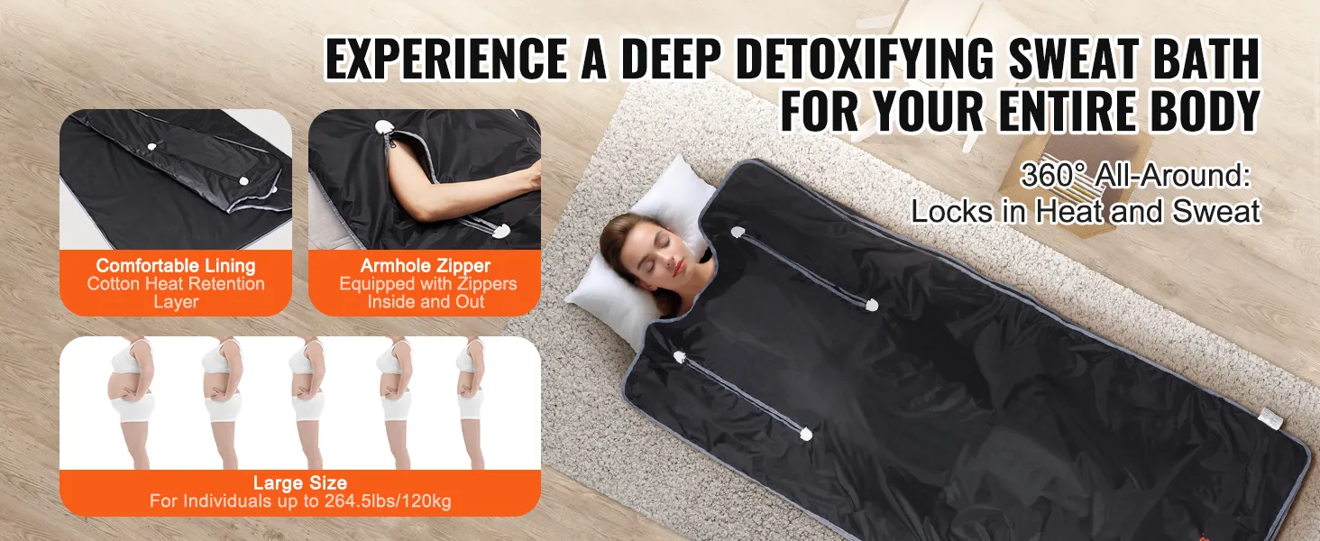 VEVOR sauna blanket provides a deep detoxifying sweat bath, comfortable lining, and armhole zippers.