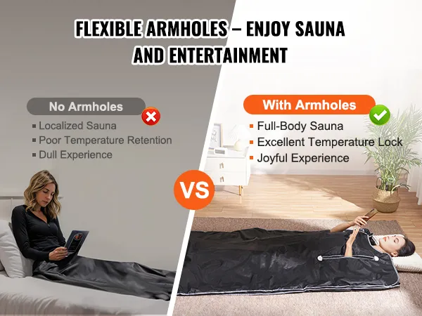comparison of VEVOR sauna blanket with and without armholes, highlighting benefits of armholes.