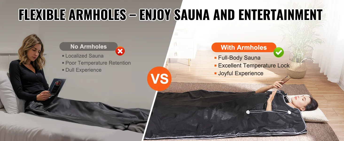 comparison of VEVOR sauna blanket with and without armholes, highlighting benefits of armholes.