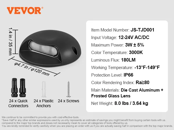 Luces de cubierta VEVOR: js-tjd001, 12-24v ac/dc, 3w, 8 lbs, ip66, 3000k, 180lm, aluminio fundido a presión + vidrio esmerilado.