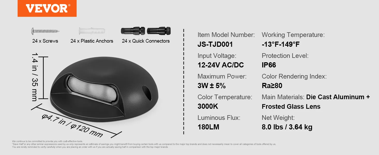 Luces de cubierta VEVOR: js-tjd001, 12-24v ac/dc, 3w, 8 lbs, ip66, 3000k, 180lm, aluminio fundido a presión + vidrio esmerilado.