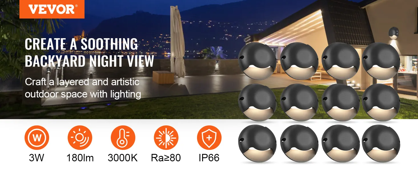 Luces de cubierta VEVOR que muestran la vista nocturna del patio trasero con un ambiente relajante; 3 W, 180 lm, 3000 K, clasificación IP66.