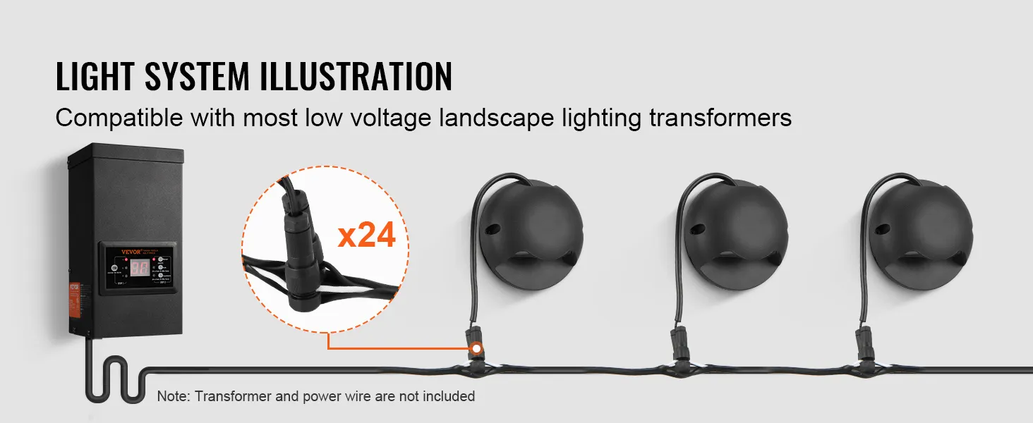Luces de cubierta VEVOR compatibles con transformadores de iluminación de paisaje de bajo voltaje, configuración de 24 luces.
