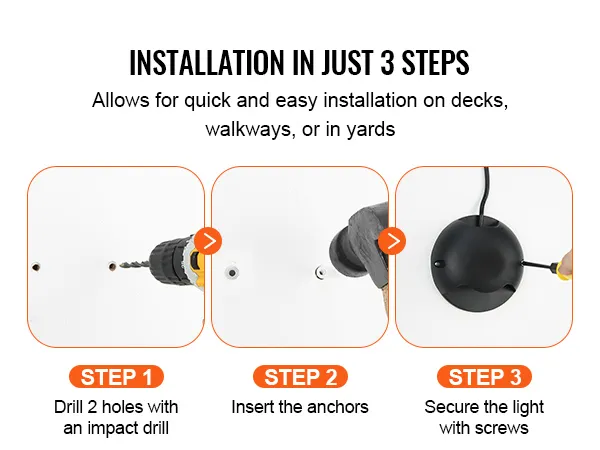 Guía de instalación para luces de cubierta VEVOR: taladrar agujeros, insertar anclajes, asegurar la luz con tornillos.