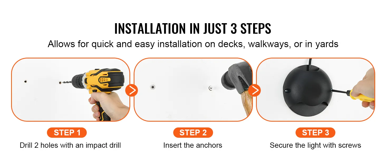 Guía de instalación para luces de cubierta VEVOR: taladrar agujeros, insertar anclajes, asegurar la luz con tornillos.