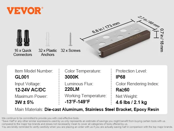 Iluminación LED para exteriores VEVOR gl001, 12-24 V CA/CC, 3 W, 3000 K, 220 lm, IP68, incluye tornillos, anclajes y conectores.