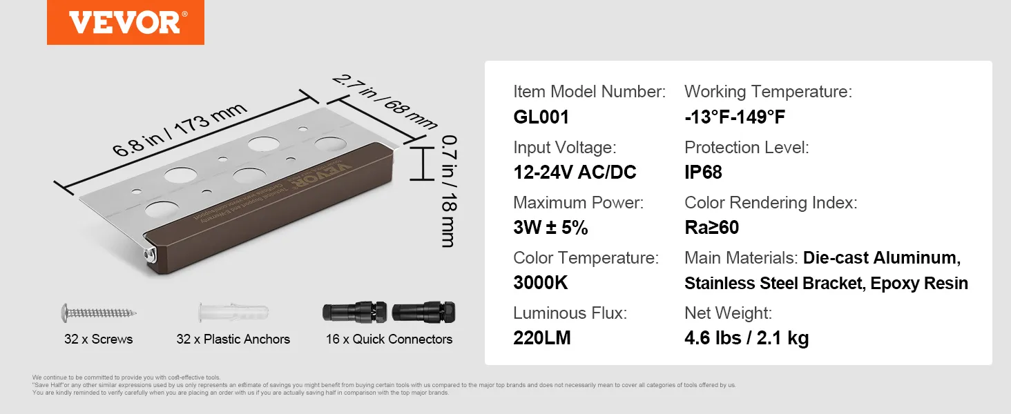Iluminación LED para exteriores VEVOR gl001, 12-24 V CA/CC, 3 W, 3000 K, 220 lm, IP68, incluye tornillos, anclajes y conectores.