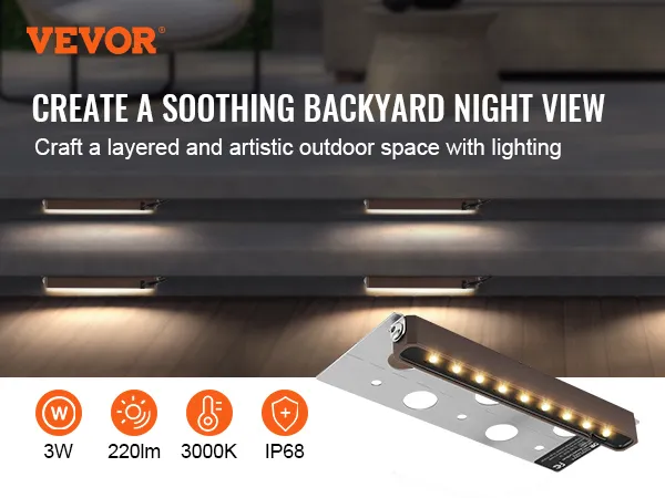 Iluminación LED para exteriores VEVOR para un ambiente exterior relajante, con 3 W, 220 lm, 3000 K y clasificación IP68.