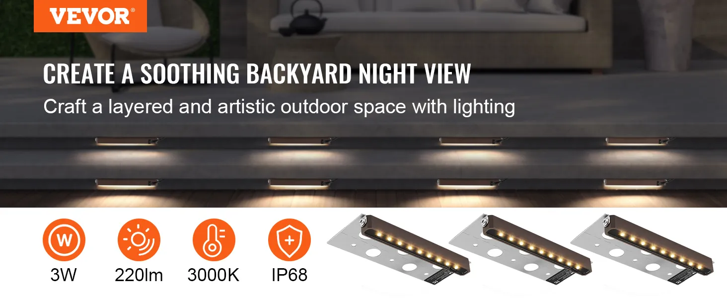 Iluminación LED para exteriores VEVOR para un ambiente exterior relajante, con 3 W, 220 lm, 3000 K y clasificación IP68.