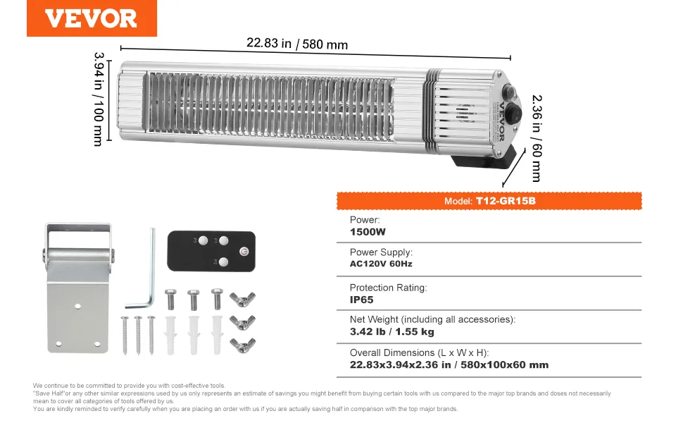 Calentador infrarrojo VEVOR, 1500w, ip65, ac120v 60hz, incluye soporte, control remoto, tornillos y dimensiones 22,83x3,94x2,36 pulgadas.