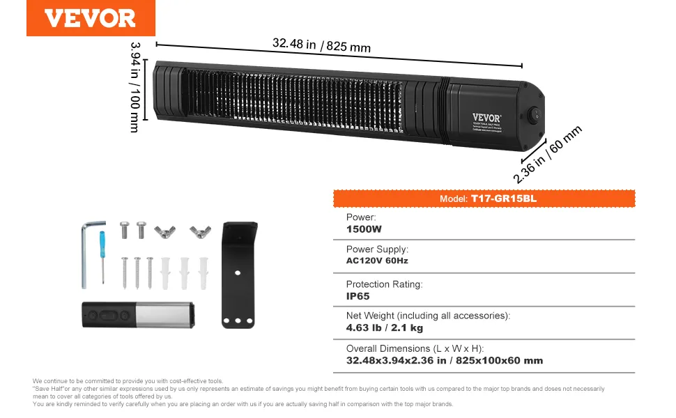 VEVOR infrared heater dimensions and features: 1500w, ip65, 32.48x3.94x2.36 in, includes installation kit.