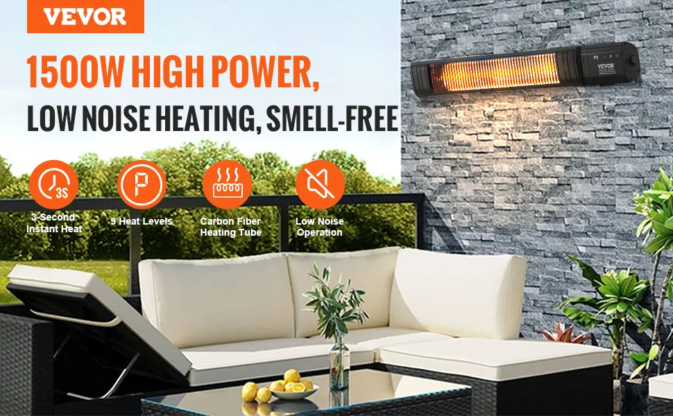 VEVOR infrared heater, 1500w high power, low noise, smell-free, outdoor patio seating area.