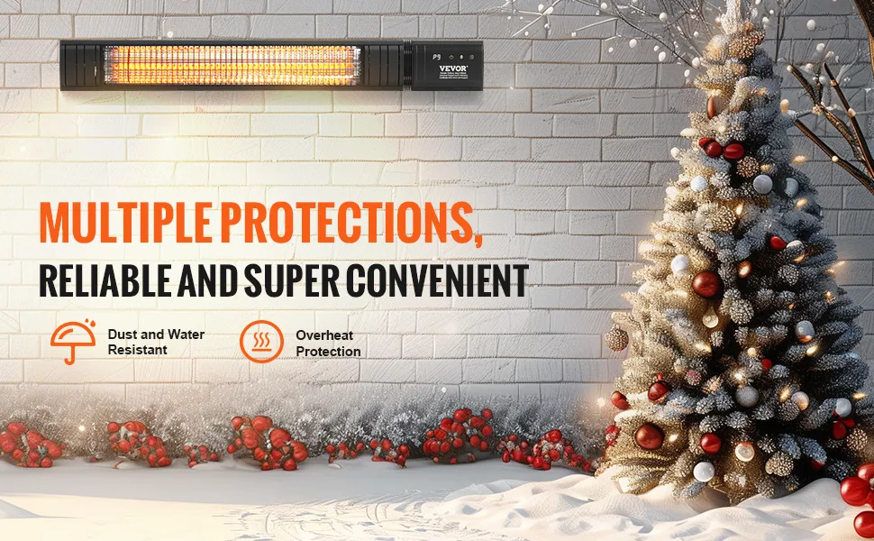 VEVOR infrared heater mounted on a wall, with a snowy christmas tree and festive decorations nearby.