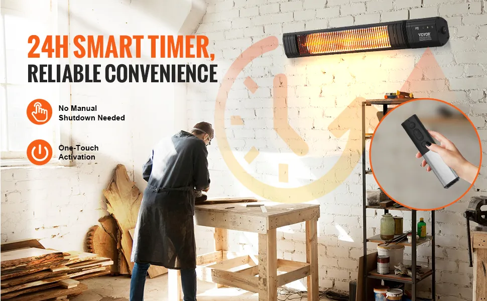 VEVOR infrared heater with 24h smart timer, one-touch activation, and no manual shutdown needed.