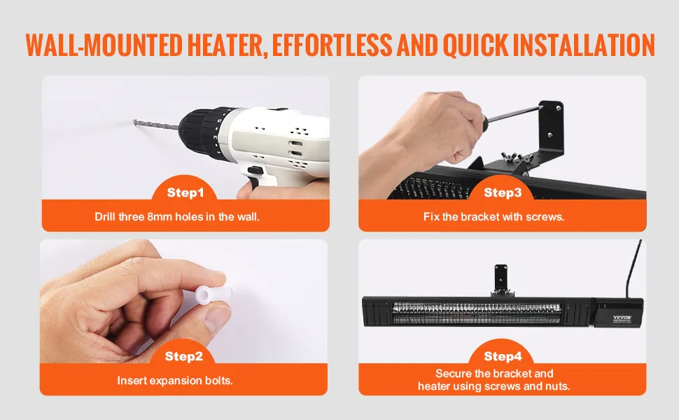 wall-mounted VEVOR infrared heater installation steps: drill holes, insert bolts, fix bracket, secure heater.