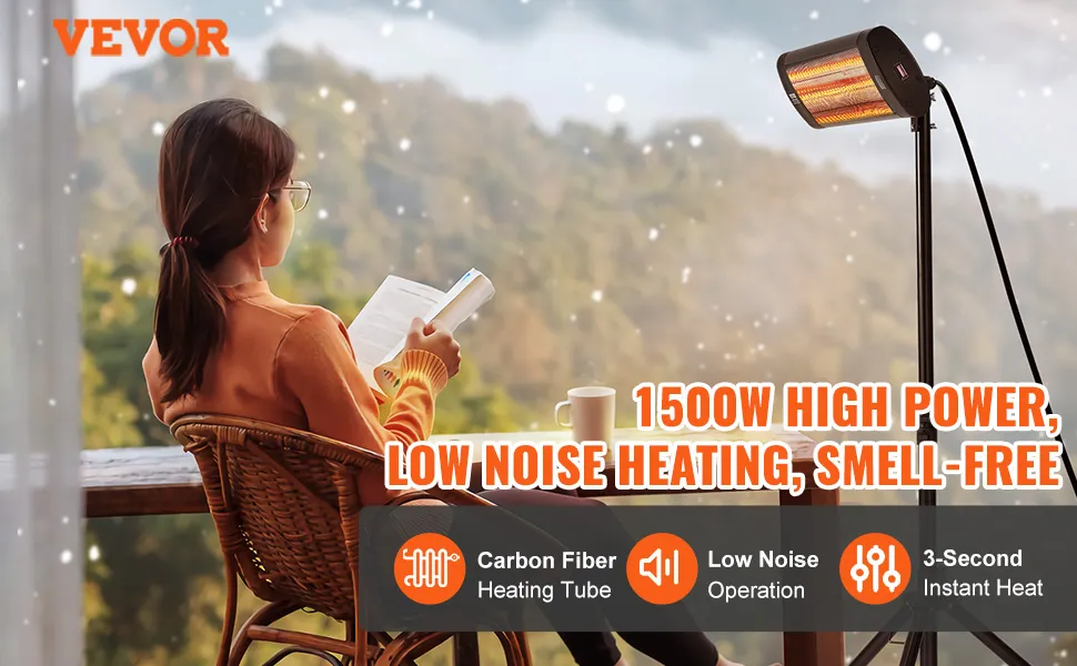 woman reading a book next to a VEVOR infrared heater indoors with scenic mountain view.