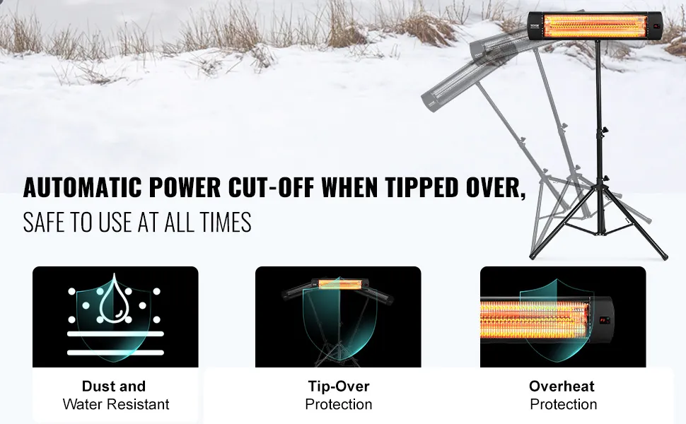 VEVOR infrared heater with automatic power cut-off, dust and water resistance, tip-over and overheat protection.