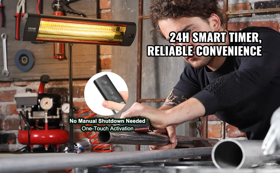 VEVOR infrared heater in a workshop with remote control for one-touch activation and smart timer.