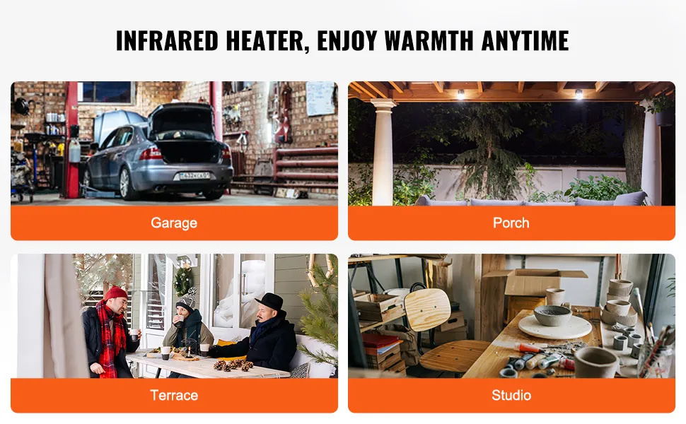 VEVOR infrared heater for garage, porch, terrace, and studio, ensuring warmth anytime.
