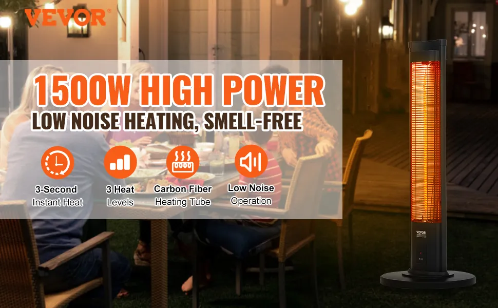 VEVOR Infrared Heater, 1500W Remote Control Electric Space Heater, Patio Heater w/ 3 Speeds & Timer & Tip-Over Protection, Outdoor/Outdoor for Bedroom,Studio,Porch,Dining Room,Studio, Stand,40in L