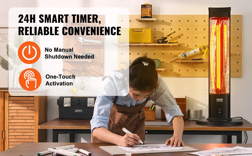 VEVOR Infrared Heater, 1500W Remote Control Electric Space Heater, Patio Heater w/ 3 Speeds & Timer & Tip-Over Protection, Outdoor/Outdoor for Bedroom,Studio,Porch,Dining Room,Studio, Stand,40in L