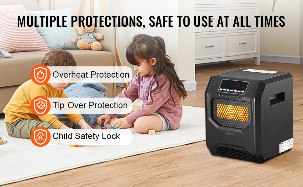 Calefactor infrarrojo VEVOR con protección contra sobrecalentamiento, protección antivuelco y bloqueo de seguridad para niños en la sala de estar.