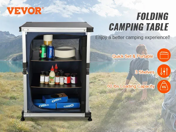VEVOR camping kitchen table with 3 shelves, quick setup, and 60 lbs capacity, ideal for outdoor adventures.
