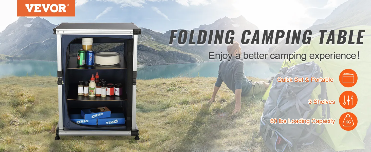 VEVOR camping kitchen table with 3 shelves, quick setup, and 60 lbs capacity, ideal for outdoor adventures.