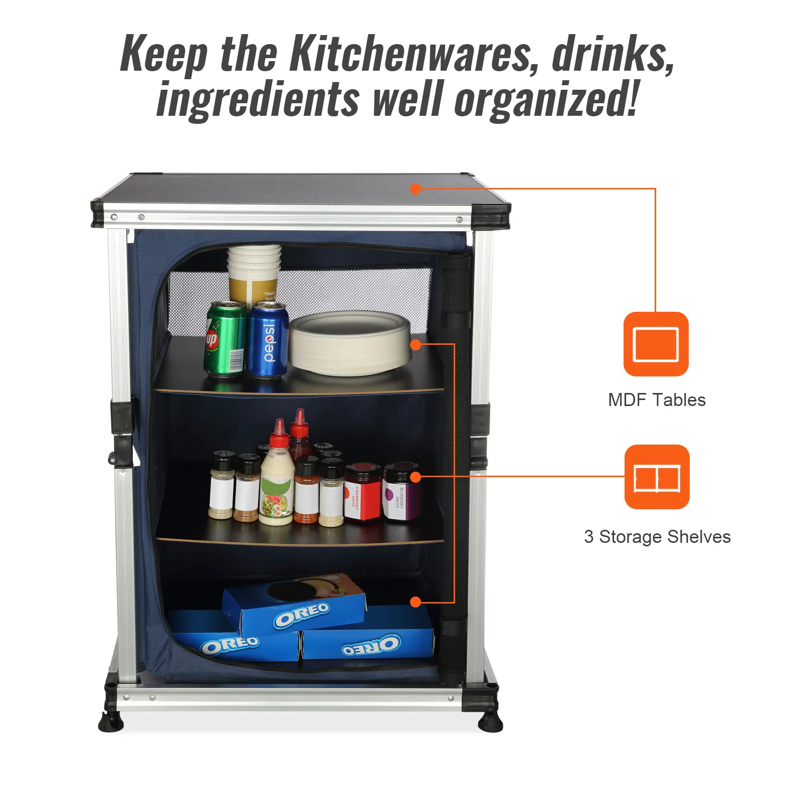 Stół kuchenny kempingowy VEVOR z 3 półkami do przechowywania napojów, talerzy, przypraw i przekąsek.