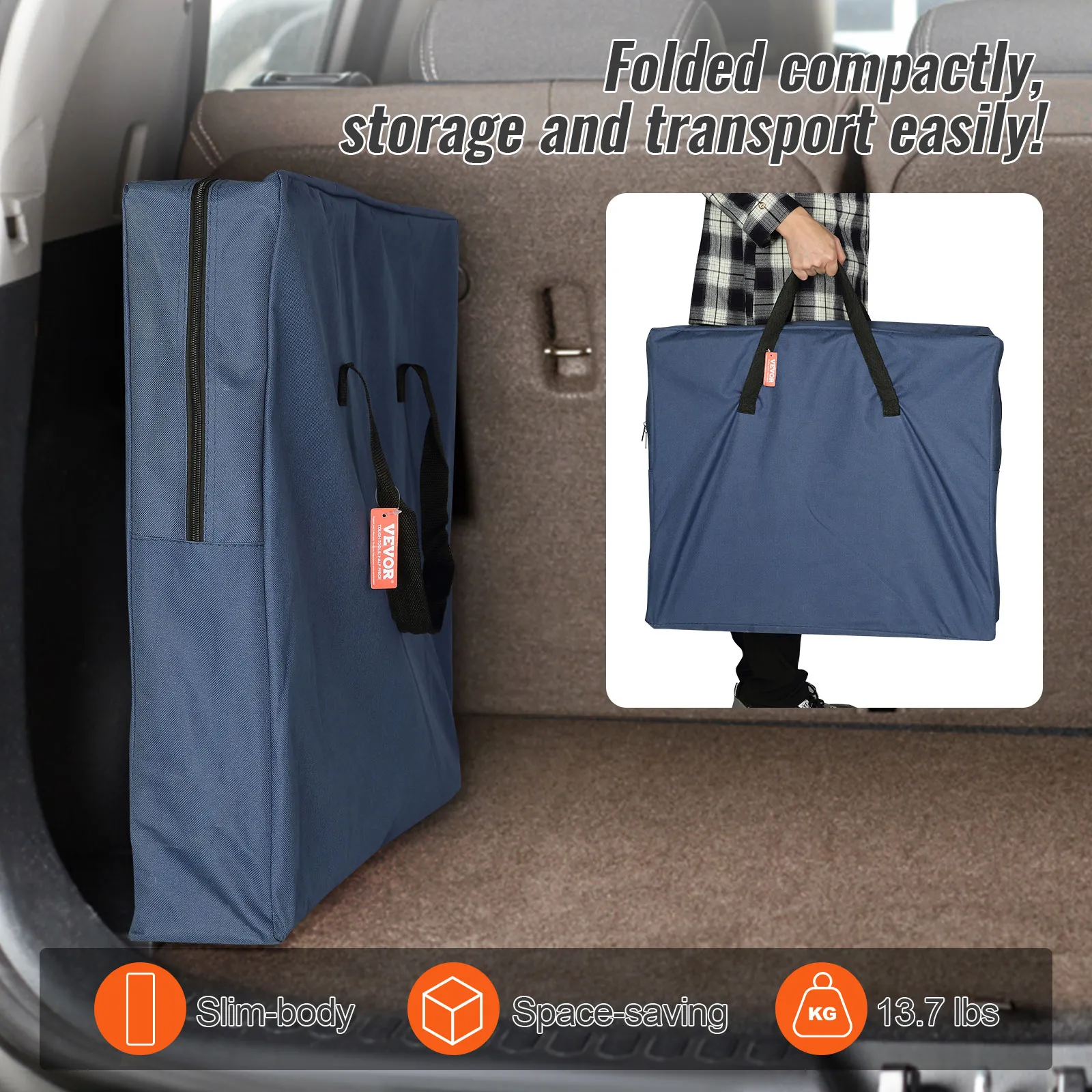 Stół kuchenny kempingowy VEVOR w kompaktowym, składanym etui, łatwym do przechowywania i transportu.