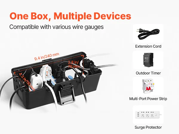 VOSAREA Outdoor Extension Cord Cover – Waterproof Weatherproof Outlet Box, Black ABS Electrical Junction Enclosure For Plugs And Connectors (8.25 X 2.55 X 2.55 In)