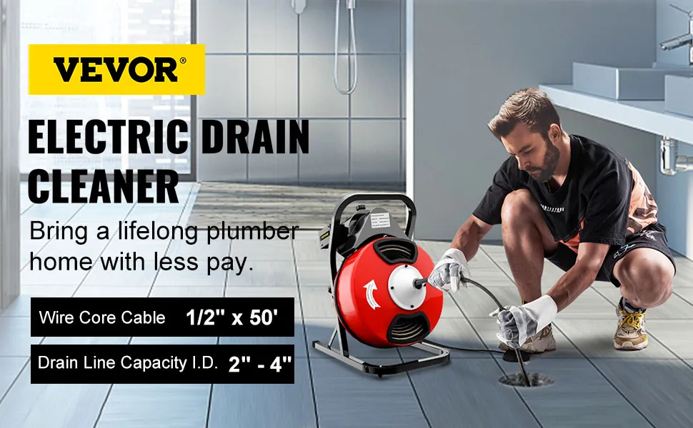 VEVOR drain cleaner machine with 1/2" x 50' cable for 2" - 4" drain lines.