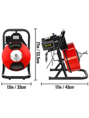 VEVOR drain cleaner machine with red reel and dimensions: 21in/53.5cm tall.