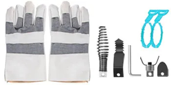 VEVOR drain cleaner machine parts including gloves, springs, and pipe cleaning tools.