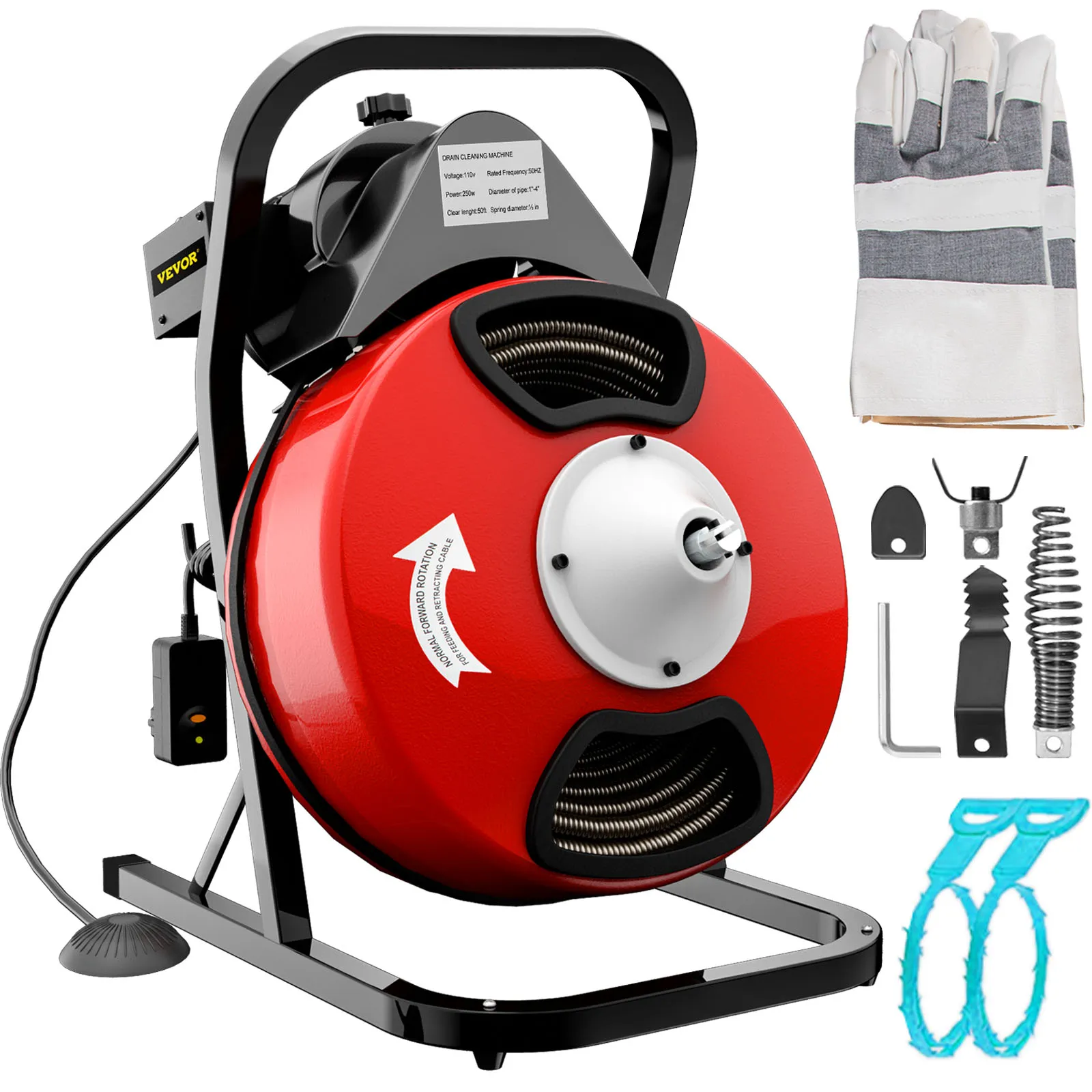 VEVOR drain cleaner machine with accessories and gloves for efficient pipe cleaning.