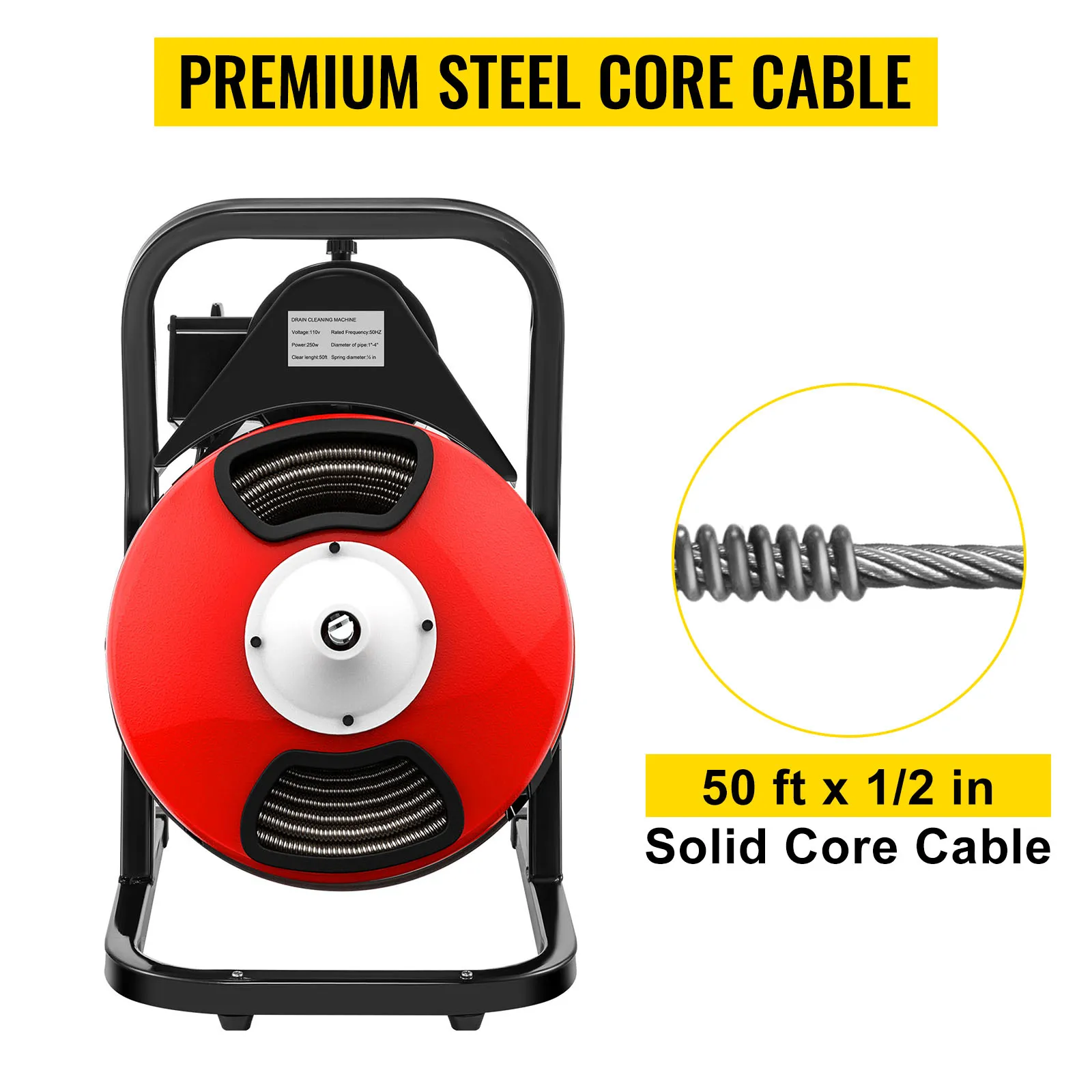 VEVOR drain cleaner machine with 50 ft x 1/2 in premium steel core cable.