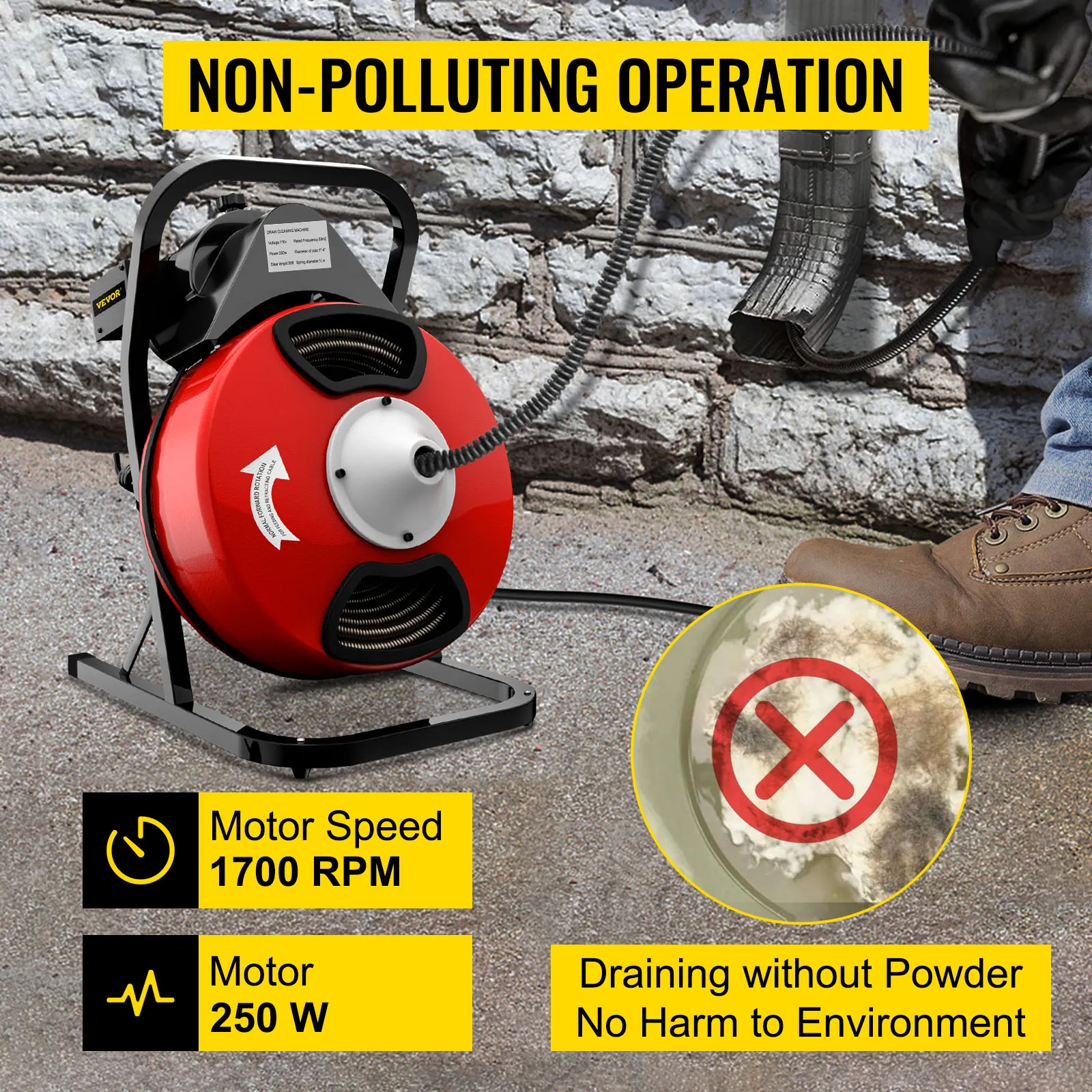 VEVOR drain cleaner machine, 1700 rpm, 250w, non-polluting, environmentally friendly.