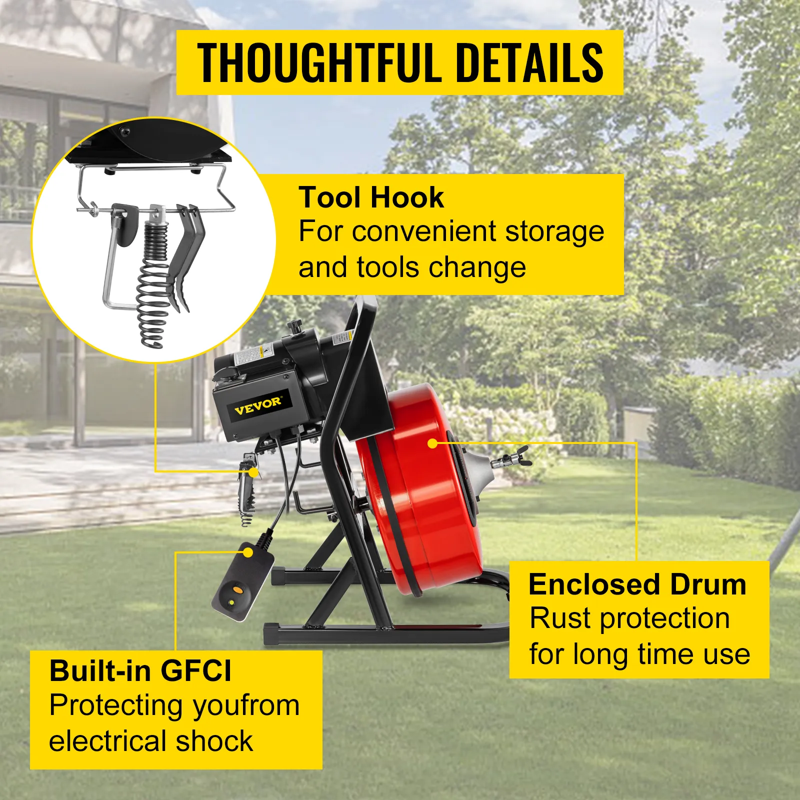 VEVOR drain cleaner machine with tool hook, built-in gfci, and enclosed drum.
