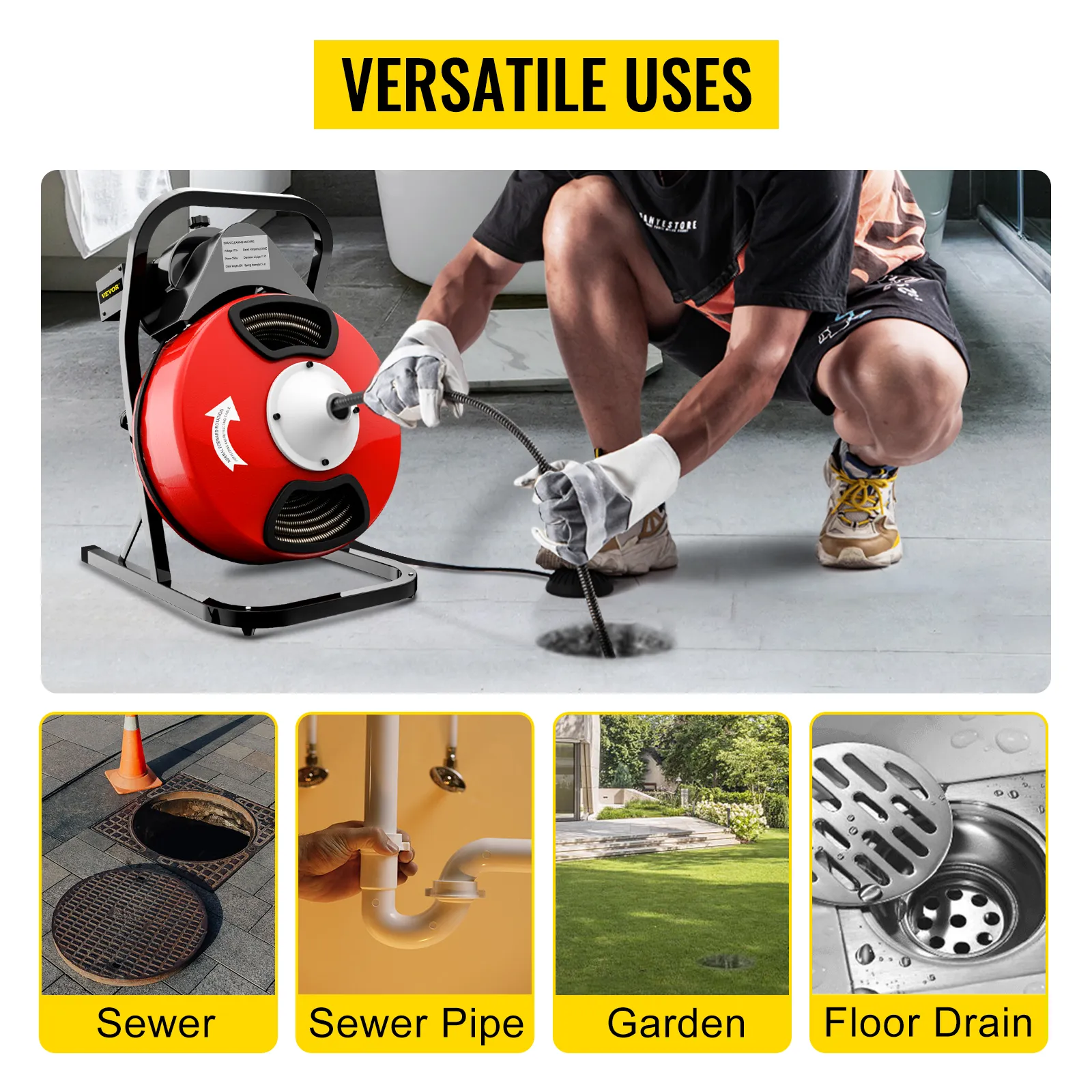 VEVOR drain cleaner machine being used for sewer, sewer pipe, garden, and floor drain cleaning.