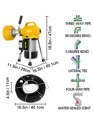VEVOR sectional drain cleaning machine with accessory dimensions and pipe fittings.
