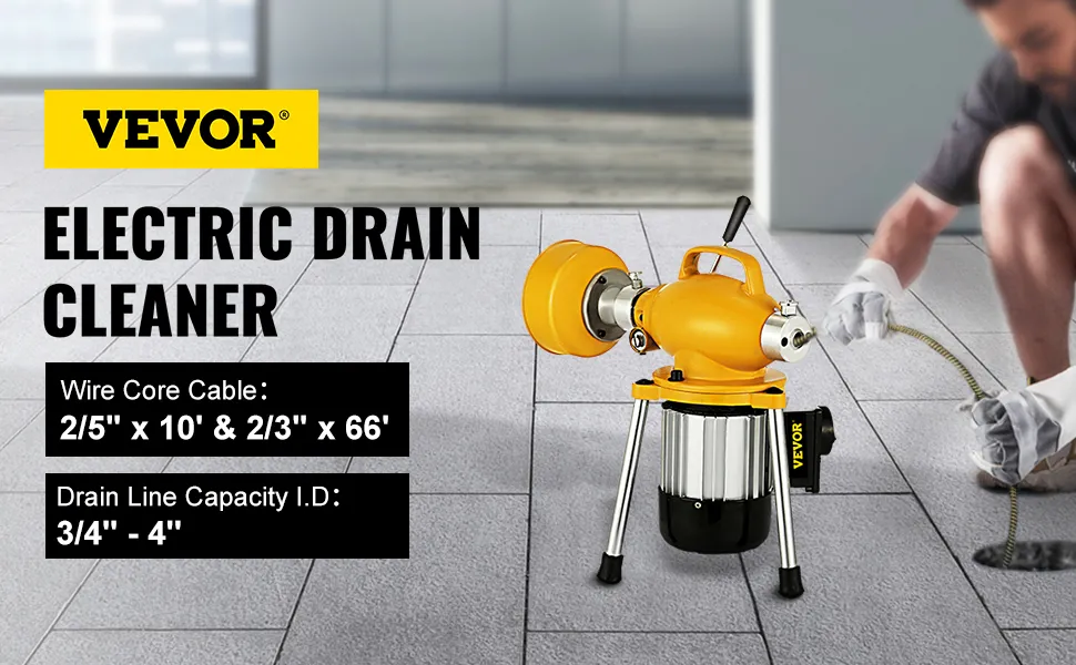 VEVOR drain cleaner machine - electric drain cleaner, yellow, wire core cable specs visible