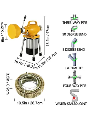 VEVOR drain cleaner machine with various pipe fitting diagrams and dimensions