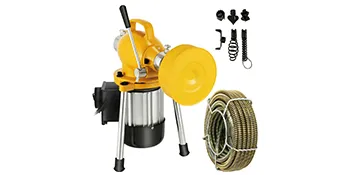 yellow VEVOR drain cleaner machine with accessories and coiled cable.