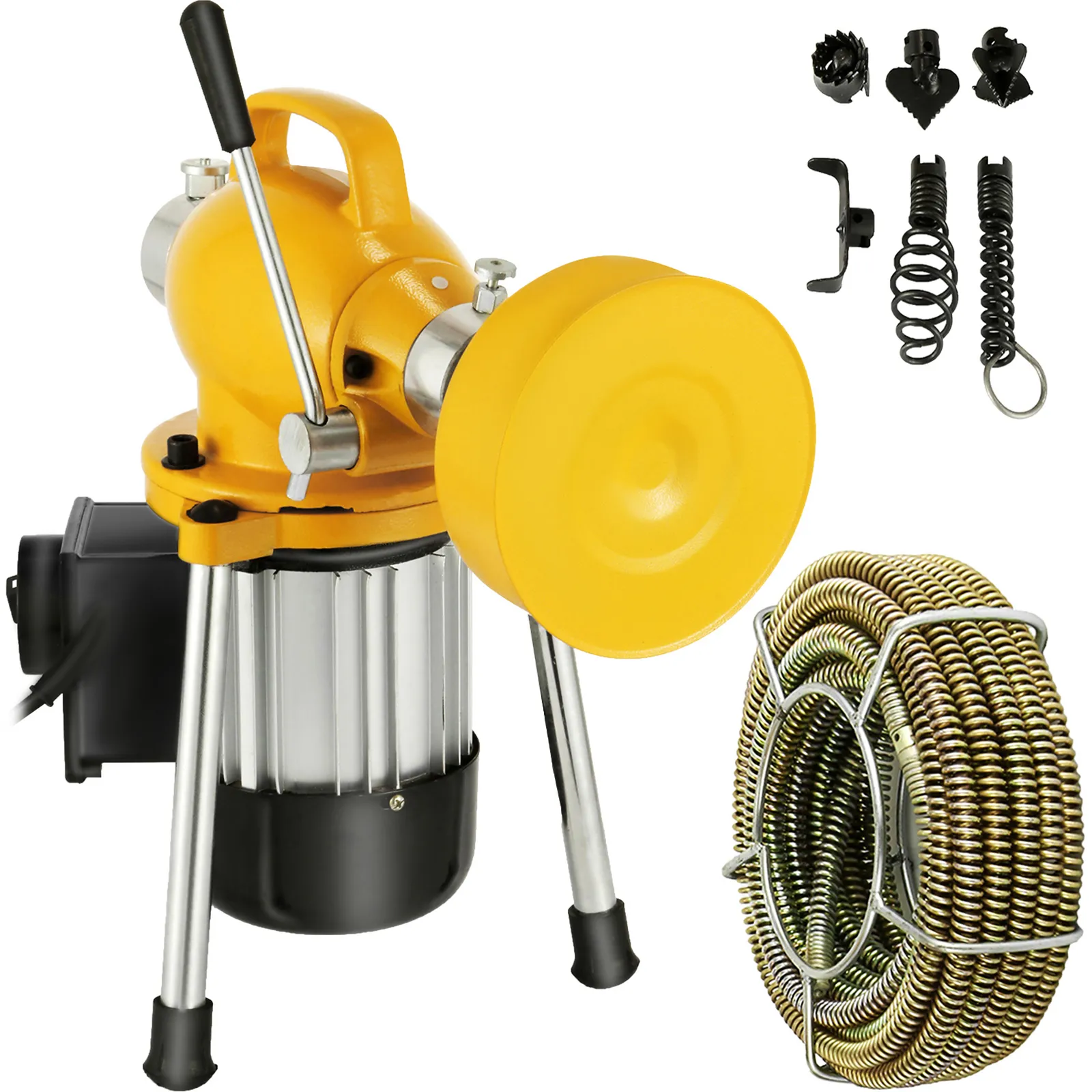yellow VEVOR drain cleaner machine with coiled cable and various attachments.