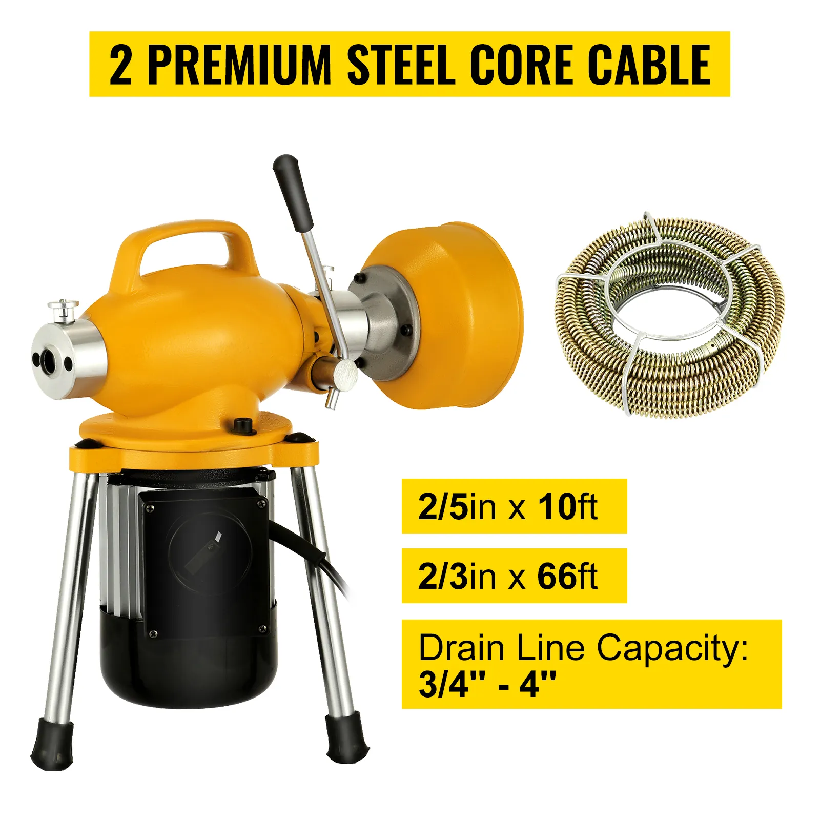 VEVOR drain cleaner machine with 2 premium steel core cables, 2/5in x 10ft, 2/3in x 66ft.
