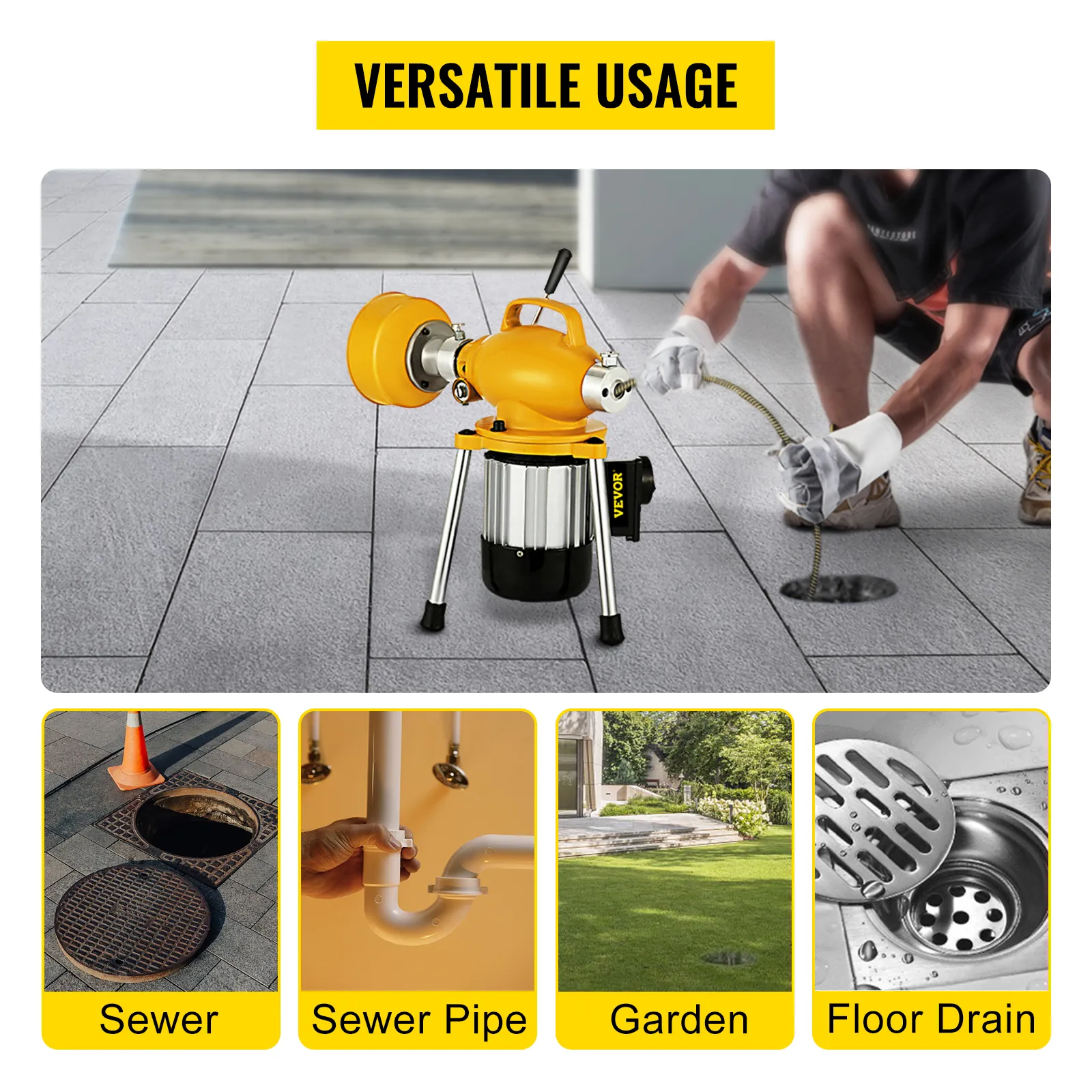 VEVOR drain cleaner machine displayed for sewer, sewer pipe, garden, and floor drain usage.