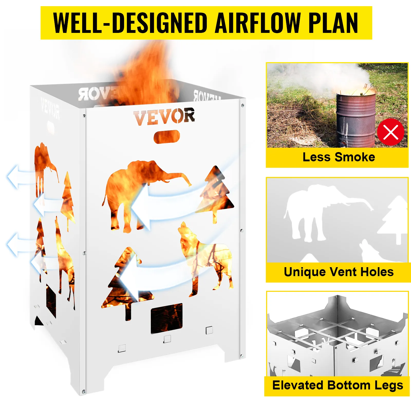 Barril de combustión VEVOR con recortes de animales y árboles, que muestra un diseño de flujo de aire para reducir el humo.