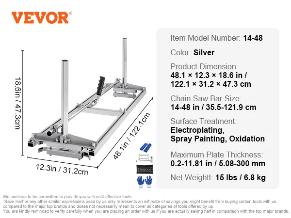 VEVOR chainsaw mill, 48.1x12.3x18.6in dimensions, 14-48in bar size, silver color, weighs 15 lbs.